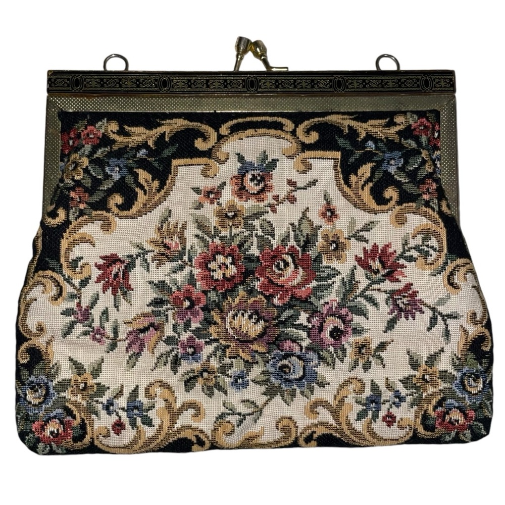 Vintage 1950’s Floral Petite-Point Snap Clutch Tapestry Embroidery Pattern Metal